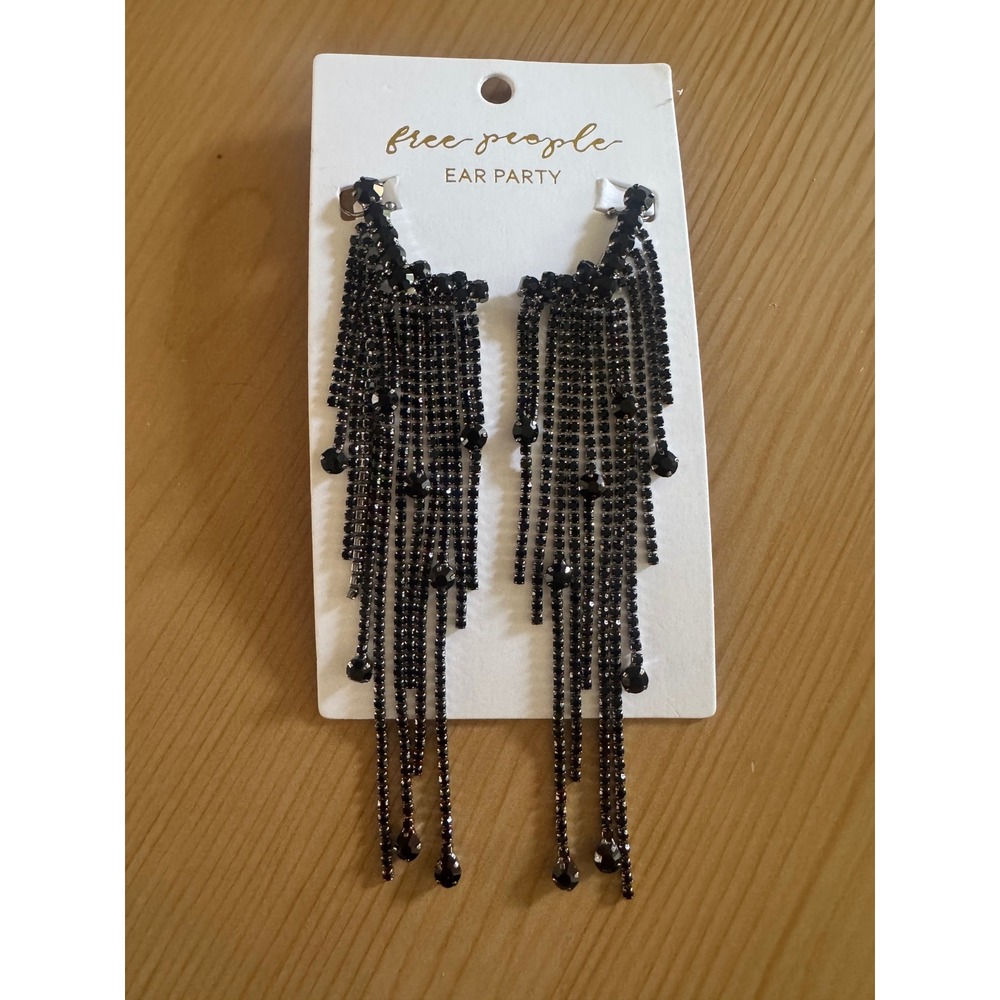 Free People Ear Party Black Rhinestone Fringe Crawler Earrings NWT